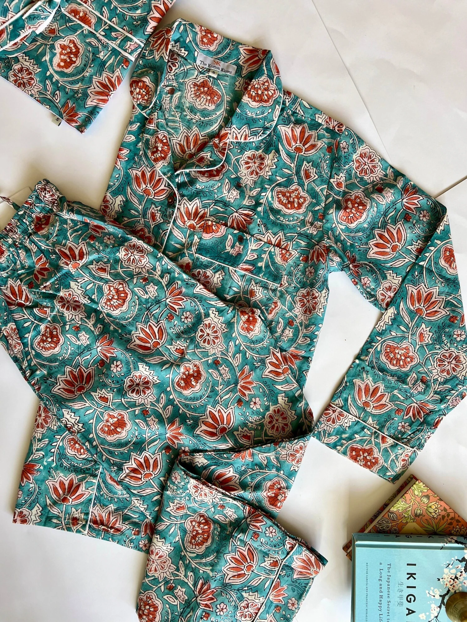 Womens Cotton Pyjamas Set, Blue Pure Cotton Pajamas Full Length Set, Block Printed Pyjamas, Unisex Pyjamas, Christmas Pjs 5 Womens Cotton Pyjamas Set, Blue Pure Cotton Pajamas Full Length Set, Block Printed Pyjamas, Unisex Pyjamas, Christmas Pjs - Image 3