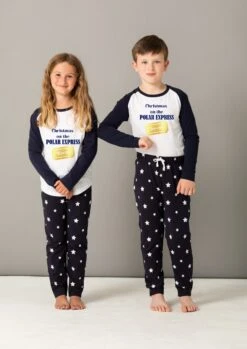 Personalised Family Matching Christmas Xmas Pjs Pyjamas Festive - Polar Express Design - Navy Stars, Long Sleeves, Your Name