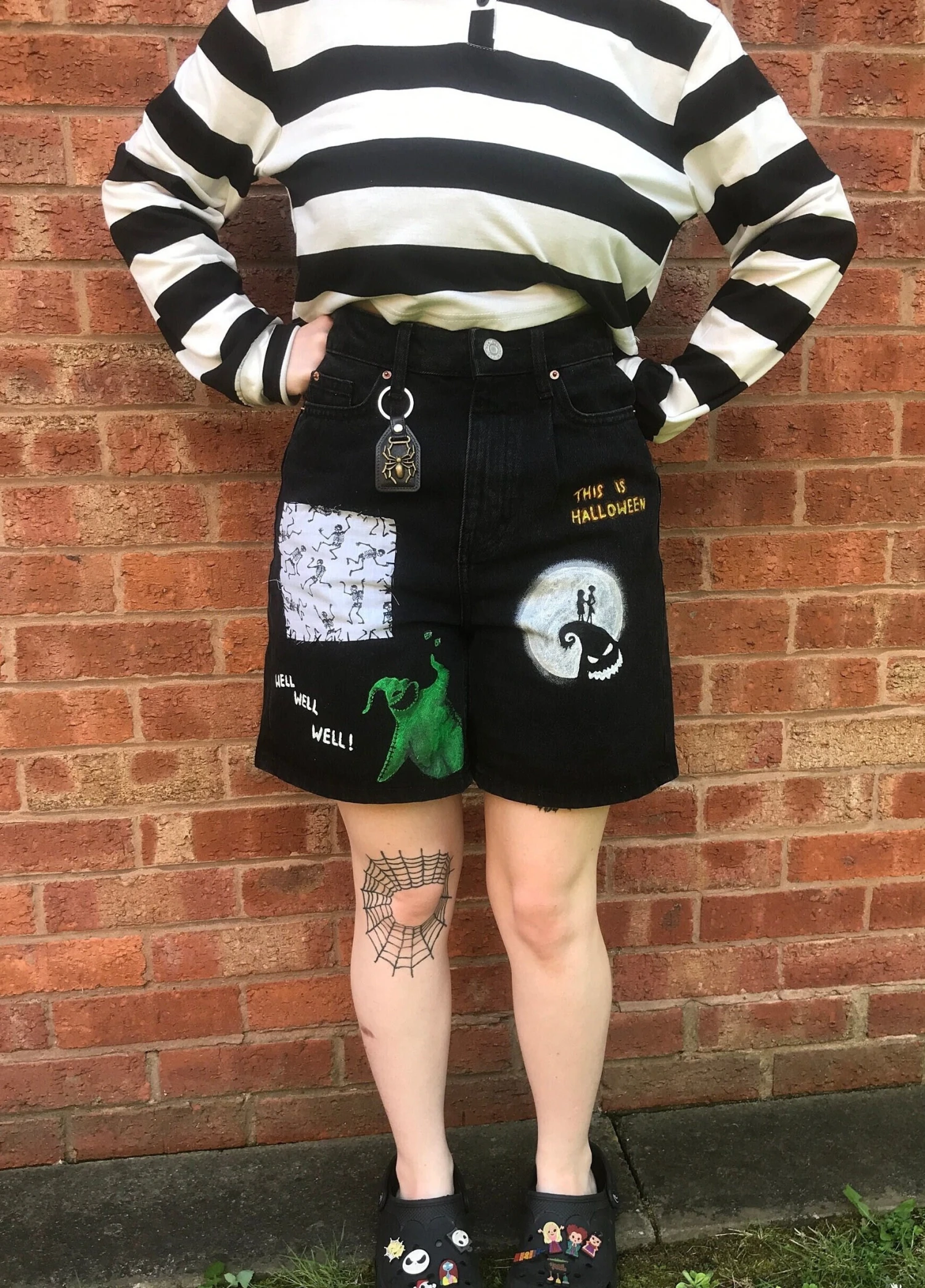 Personalised ‘Nightmare Before Christmas’ Hand Painted Black Denim Paper-bag Shorts Size 6 3 Personalised ‘Nightmare Before Christmas’ Hand Painted Black Denim Paper-bag Shorts Size 6