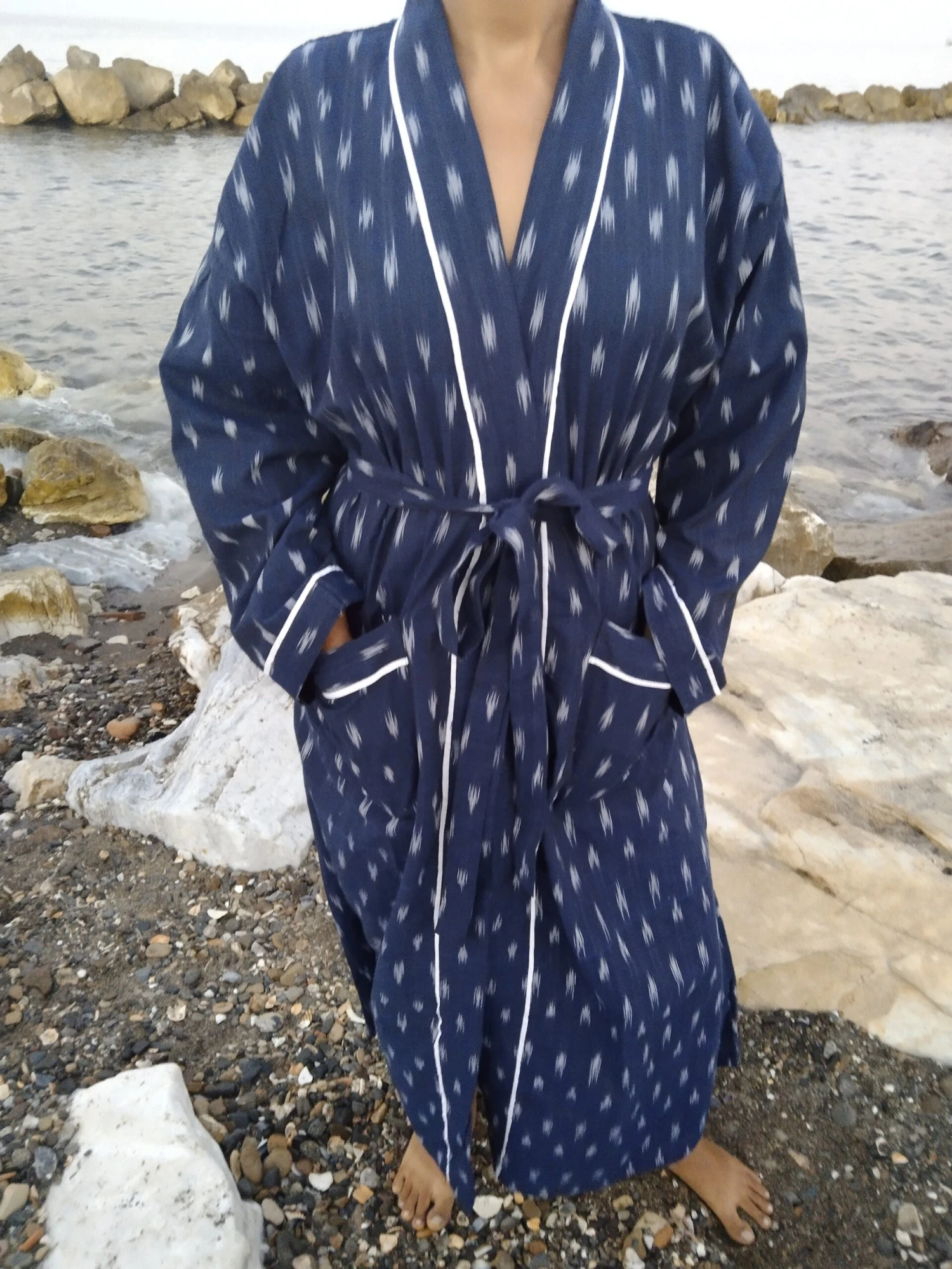 Unisex Ikkat Dressing Robe,cotton Robe,lounge Wear,resort Wear,gifts For Him,gifts For Her,housewarming Gift,boho Robe,Christmas Gift, 5 Unisex Ikkat Dressing Robe,cotton Robe,lounge Wear,resort Wear,gifts For Him,gifts For Her,housewarming Gift,boho Robe,Christmas Gift, - Image 3