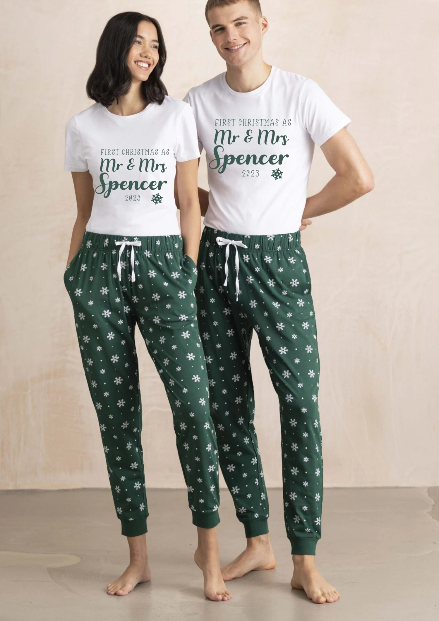 Personalised 1st First Christmas Xmas As Mr & Mrs Matching Twinning Couples Pjs Pyjamas Wedding Married Set Your Name - Green Snowflakes 3 Personalised 1st First Christmas Xmas As Mr & Mrs Matching Twinning Couples Pjs Pyjamas Wedding Married Set Your Name - Green Snowflakes