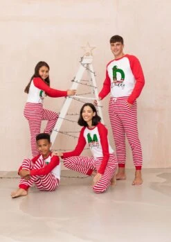 Personalised Family Matching Christmas Xmas Pjs Pyjamas Festive - Elf Initial Design - Red Stripes, Long Sleeves, Your Name