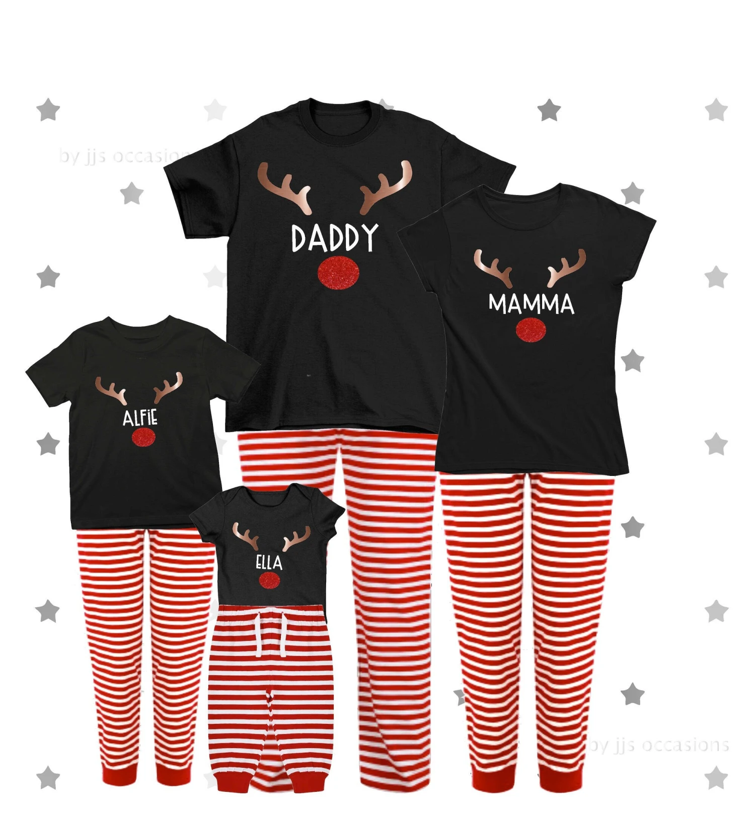 Christmas Family Matching Lounge Wear Pyjama Set Red Stripes Deer Any Name Xmas Eve Box Filler Idea 3 Christmas Family Matching Lounge Wear Pyjama Set Red Stripes Deer Any Name Xmas Eve Box Filler Idea