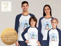 Cute Personalized Penguin Christmas Pyjamas For The Whole Family, Xmas Pjs For Mum, Dad, Children, Baby And Dog Created In A Festive Design