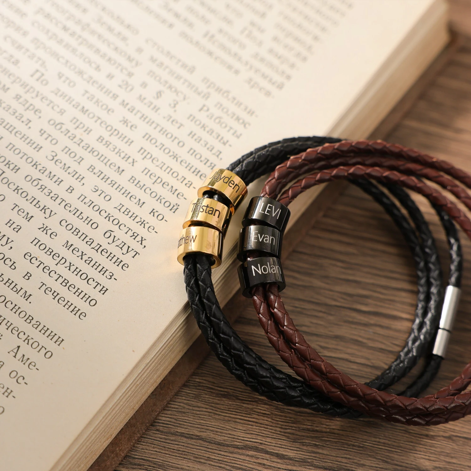 Personalized Mens Bracelet, Handmade Leather Jewelry With Silver/Black/Gold Beads, Christmas Fathers Day Gifts For Kid Dad Boyfriend Husband 6 Personalized Mens Bracelet, Handmade Leather Jewelry With Silver/Black/Gold Beads, Christmas Fathers Day Gifts For Kid Dad Boyfriend Husband - Image 4