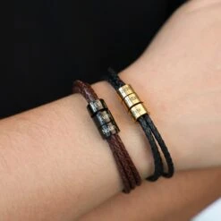 Personalized Mens Bracelet, Handmade Leather Jewelry With Silver/Black/Gold Beads, Christmas Fathers Day Gifts For Kid Dad Boyfriend Husband