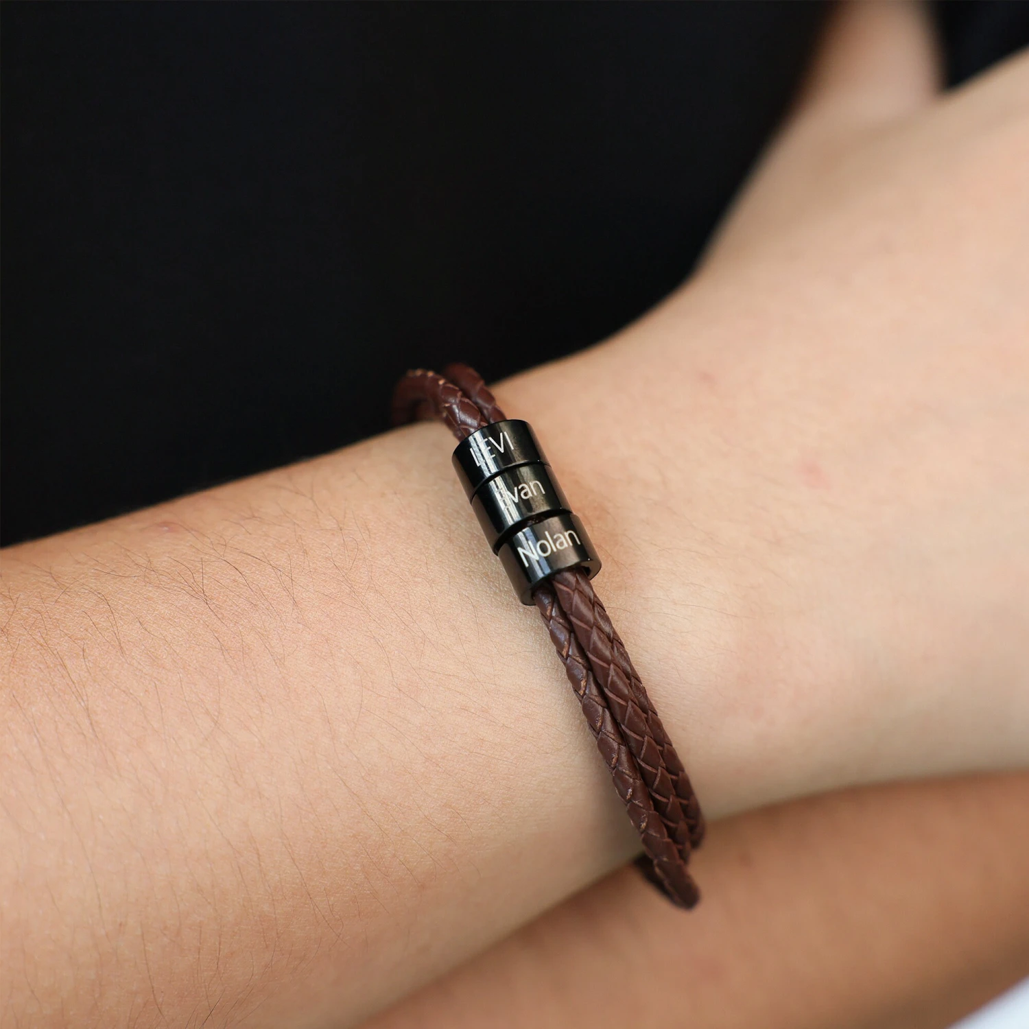 Personalized Mens Bracelet, Handmade Leather Jewelry With Silver/Black/Gold Beads, Christmas Fathers Day Gifts For Kid Dad Boyfriend Husband 4 Personalized Mens Bracelet, Handmade Leather Jewelry With Silver/Black/Gold Beads, Christmas Fathers Day Gifts For Kid Dad Boyfriend Husband - Image 2