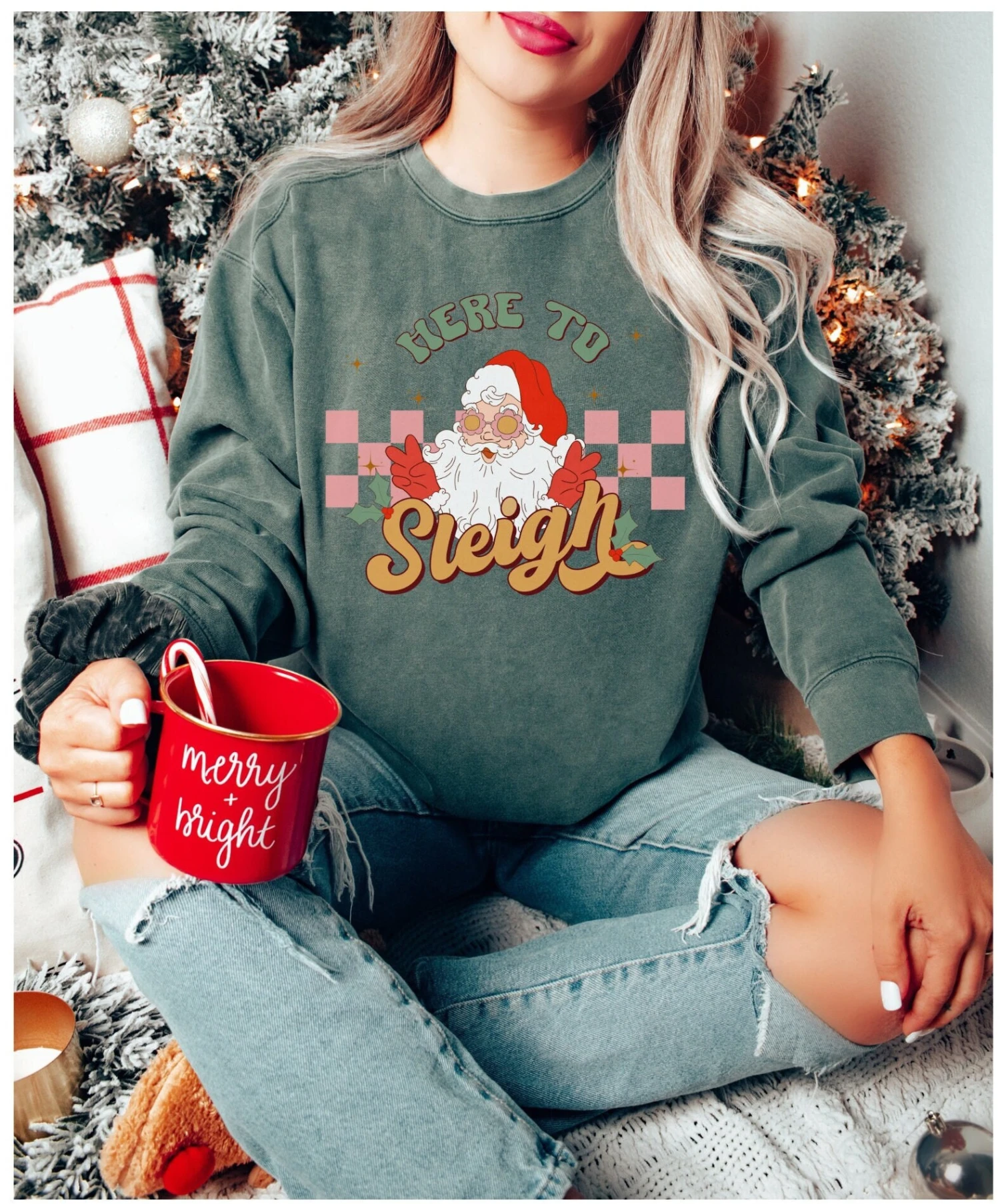 Comfort Colors® Here To Sleigh Christmas Sweatshirt, Ho,Ho,Ho Santa Sweatshirt, Nasty Santa Sweatshirt, Waving Santa, Winking Santa, Sweater 4 Comfort Colors® Here To Sleigh Christmas Sweatshirt, Ho,Ho,Ho Santa Sweatshirt, Nasty Santa Sweatshirt, Waving Santa, Winking Santa, Sweater - Image 2
