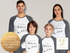 Luxury Personalised Family Christmas Pyjamas In Two Tone Shades; White And Grey Pjs With Text 'We Believe In Santa' - Various Sizes Availabl